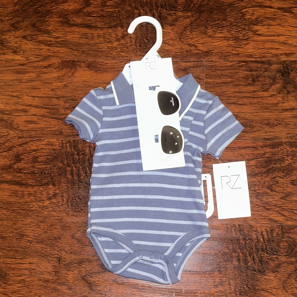 NWT Rachel Zoe Blue Striped 2 Piece Bodysuit and Sunglasses Set (0-3 Months)